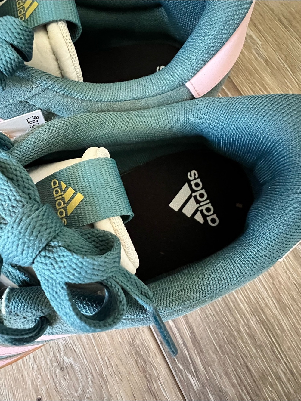adidas Women Teal Suede Sneakers with Pink Stripes and Gum Sole - Picture 5 of 9